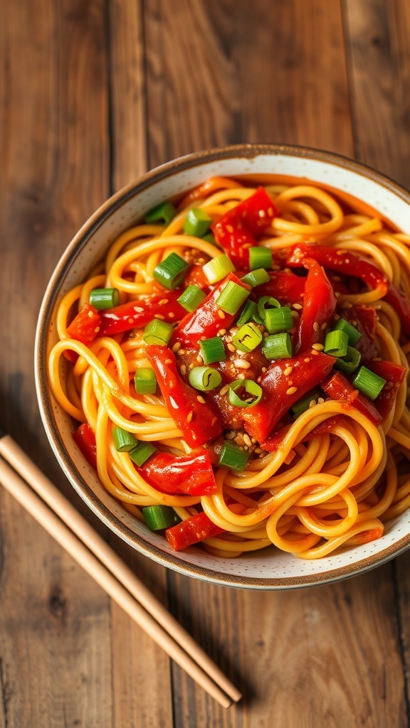A bowl of spicy noodles garnished with green onions and sesame seeds, on a rustic wooden table.